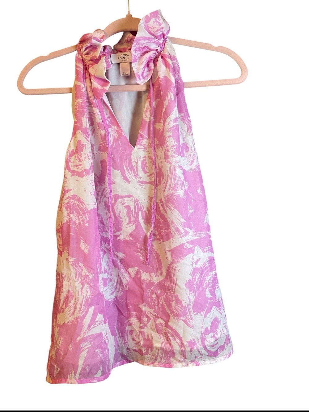 LOFT Pink and White Floral Halter Tie-Neck Top